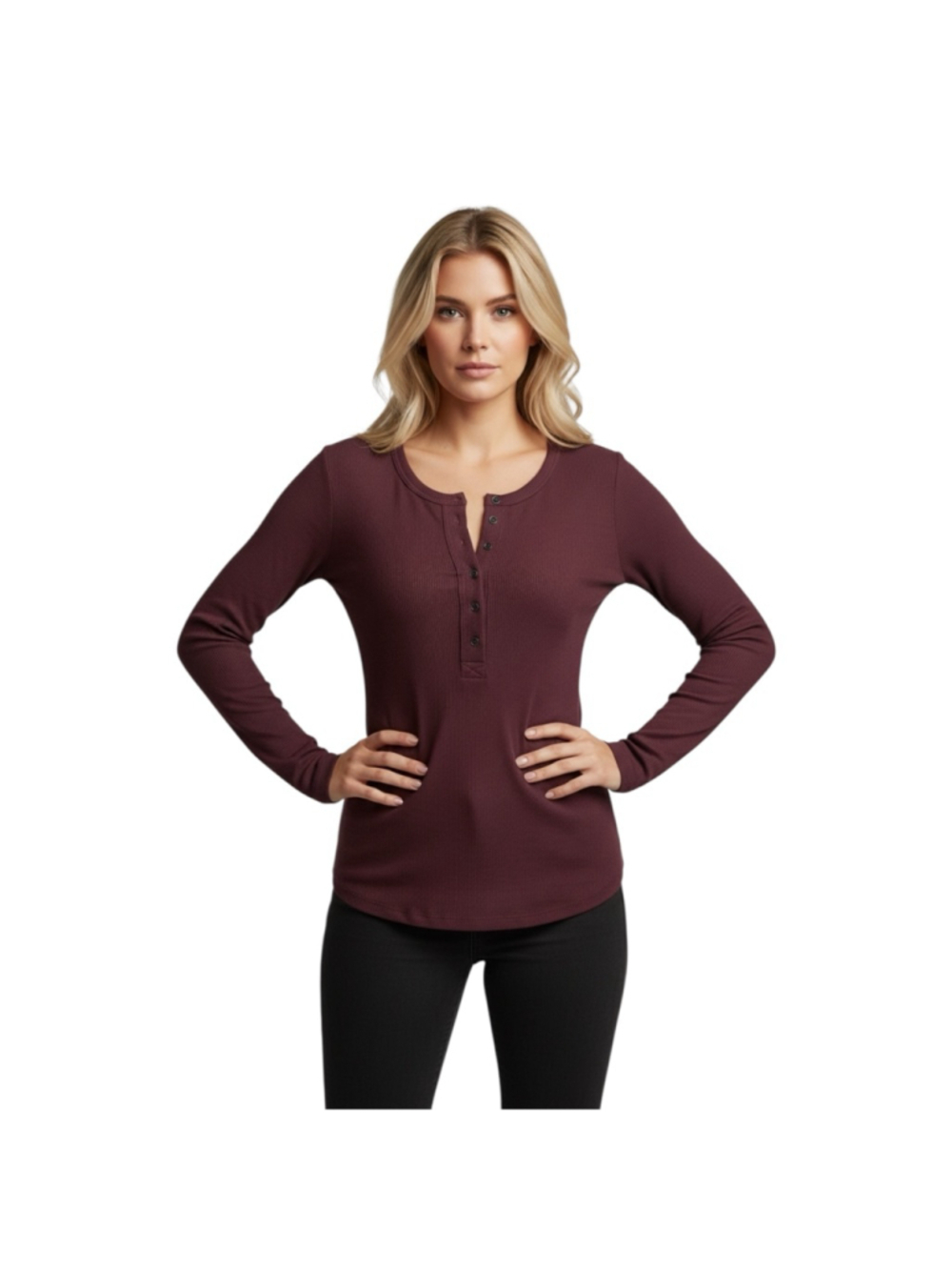 Free People We The Free Ribbed Henley Burgundy Long Sleeve Fitted Top S Boho